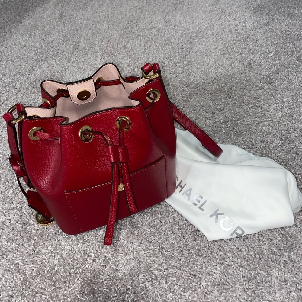 Michael Kors Red Leather Drawstring Crossbody Bucket Bag